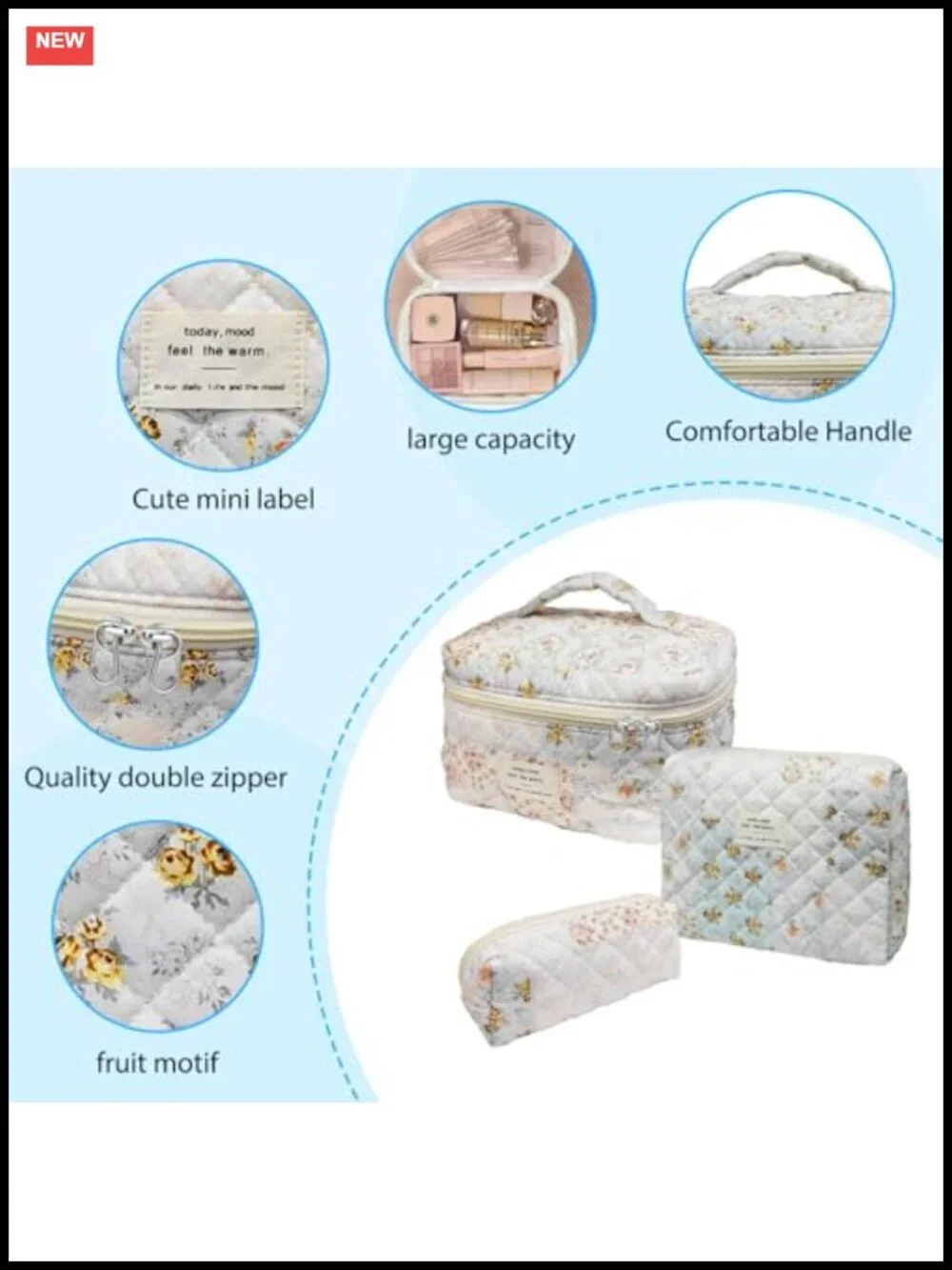 Cotton Quilted Makeup Bag Set Large Travel Cosmetic Bag Toiletry Organizer 3pcs